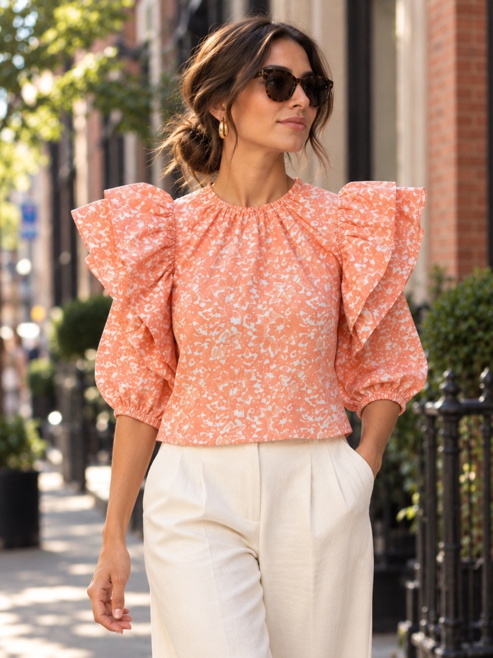 ULLA JOHNSON Elevated Bohemian Coral and White Ruffle 3/4 Sleeve Blouse, 8